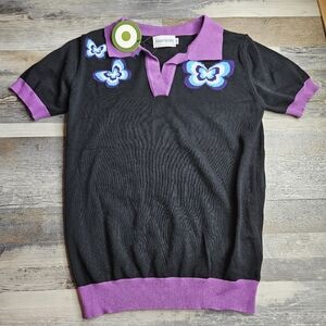 OXknit NEW Butterfly Short Sleeve Women's Collar Sweater Black Purple Medium